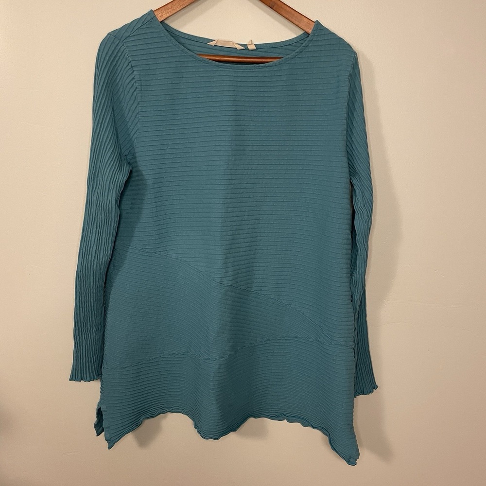 Soft Surroundings Tunic Blouse Womens L‎ Long Sleeve Blue Ribbed Round Neck